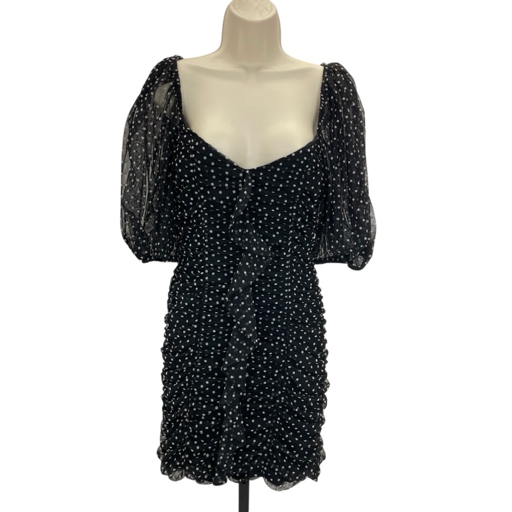 Zara Blogger Fav Ruched Mini Dress Puff Sleeves Large Black/White - Picture 3 of 16